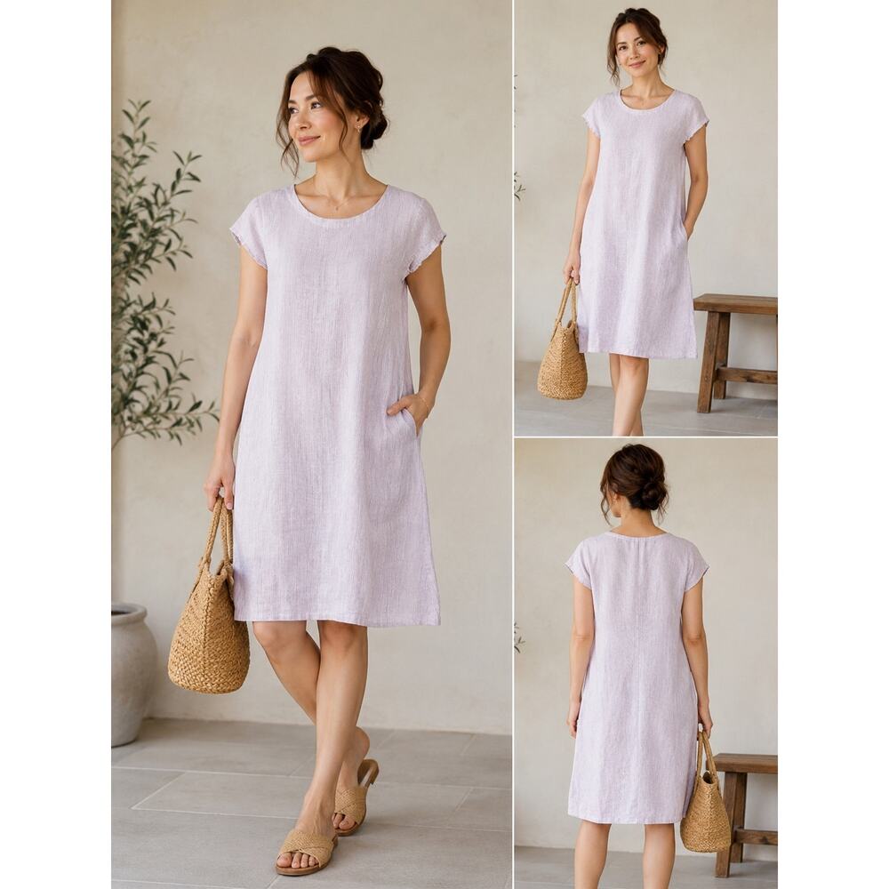 FLAX Linen Tuck Back Shift Tunic Dress Lavender Stripe Pocket Lagenlook Boho M